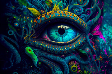 Wall Mural - horror poster. mystical head. psychedelic monster. generative ai.