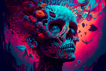 Wall Mural - horror poster. mystical head. psychedelic monster. generative ai.