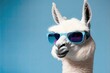 Leinwandbild Motiv White llama wearing blue glasses. Generative AI