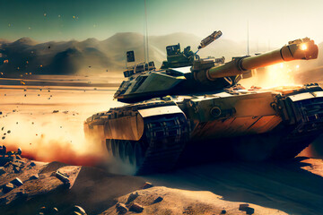 Wall Mural - Shooting tank in war environment.  Military Tank on Battlefield.  Generative AI.
