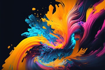 Canvas Print - Abstract colorful bright vivid colors liquid acrylic paint motion flow on black background with swirls and paint explosions and drops. Business background template