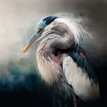  A Bird With A Long Neck And A Long Bill Standing In The Fog With Its Head Turned To The Side And Its Beak Open, With A Blue And White Bill.  Generative Ai