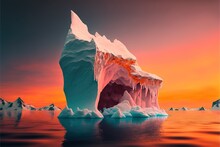 A Large Iceberg Floating In The Ocean At Sunset With A Red Sky In The Background And A Few Icebergs Floating In The Water.  Generative Ai