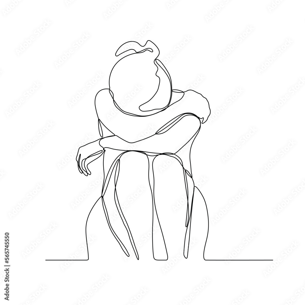 Crying woman single line illustration. Sitting sad woman. Depressed ...