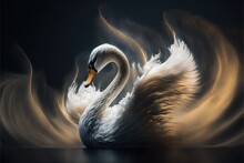  A Swan Is Shown In A Surreal Photo With A Black Background And A Yellow And White Swirl Around It's Neck And Neck And Neck.  Generative Ai