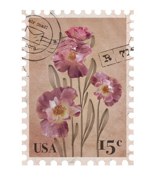 floral vintage postage stamp. retro printable post stamp with flowers of roses. aesthetic cutout scr