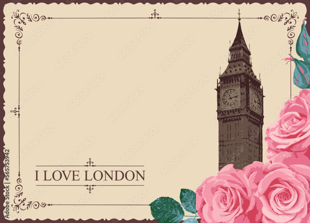 Retro postcard with Big Ben in London, United Kingdom and roses. Vector ...
