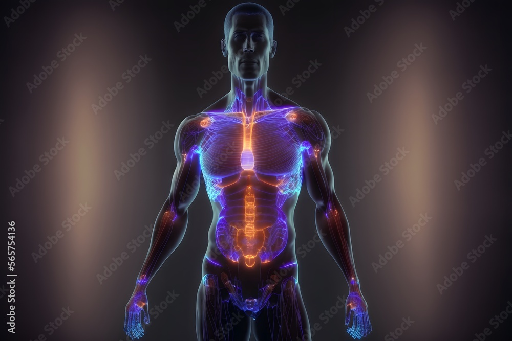 Human body x-ray scan illustrating skeleton and energy. Illustration ...