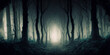 Dark forest panorama fantasy landscape. Mysterious background. digital art, generative ai	