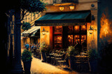 Fototapeta Uliczki - A café in Paris is charming and lively, showing narrow and picturesque streets, brick houses and sloping roofs. The café has a lively terrace with wrought iron tables and chairs.