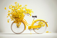 Yellow Bicycle With Yellow Spring Flowers On White Background. Spring Is Here. Illustration