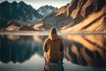 man sitting in front of a lake, Generative AI