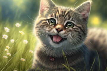 Wall Mural - cute cat smiling, funny pet, happy pet on grass, pet in the park, Generative AI