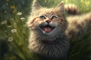 Wall Mural - cute cat smiling, funny pet, happy pet on grass, pet in the park, Generative AI