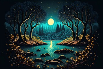 Poster - cartoon illustration, night landscape with lake under the moonlight, AI generative