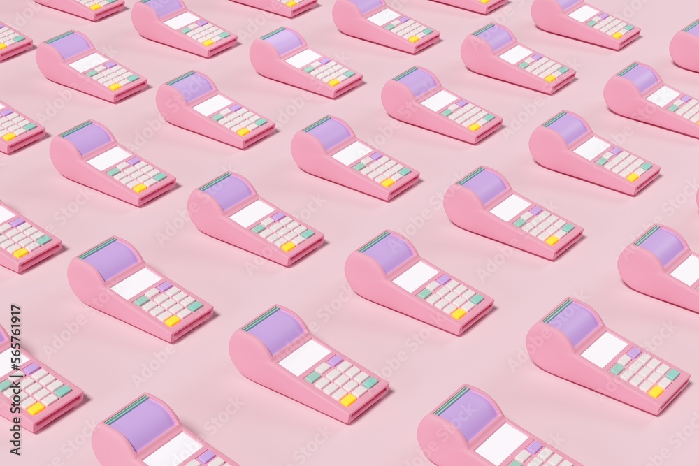 
Pink POS terminal for payment with check paper receipts on a pink background Different from others. 3D shapes, isometric illustrations.