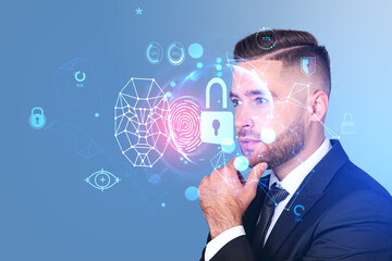 Poster - inspired businessman in formal suit watching at digital interfac