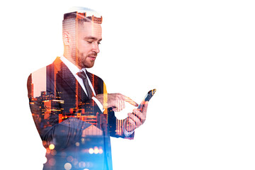 Poster - Businessman with smartphone in hand, skyscrapers and copy space
