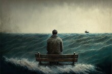 Senior Man Watching The Horizon Sitting On A Bench By The See In A Dark Cloudy Day. Created With Generative AI Technology.