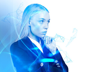 Poster - pensive businesswoman and metaverse hologram, with abstract lines, copy space