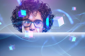 Poster - businessman using laptop, data blocks in cyberspace, metaverse