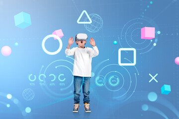 Wall Mural - Kid boy in vr glasses and hands touching, metaverse and indicato