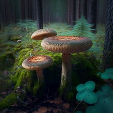 Orange Wild Mushrooms In A Forest, Generative AI