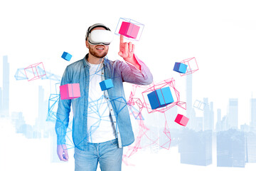 Poster - young man in vr glasses touching data blocks in cyberspace, city