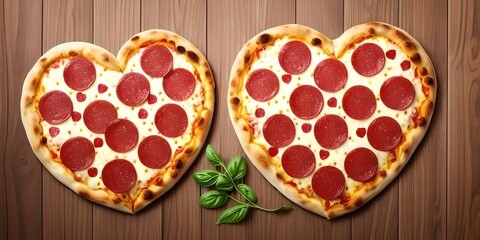 Two heart shaped valentine pizzas with pepperoni and basil, made with generative ai