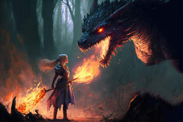 illustration painting of fantasy scene showing the girl fighting the fire dragon, digital art style (ai generated)