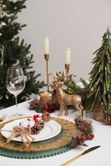 Wall Mural - Luxury festive place setting with beautiful decor for Christmas dinner on white table indoors