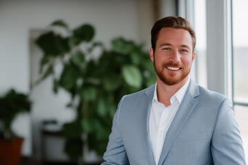 Wall Mural - Portrait of successful mature boss senior businessman in business suit looking at camera and smiling, man working inside modern office building