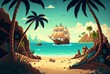 cartoon illustration, pirate ship on a tropical island, generative AI