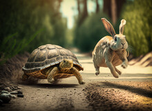 The Rabbit And The Turtle Running Race In The Forest.Front View.Created With Generative Ai