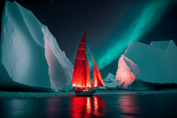 Wall Mural - Sailing yacht with red sail ocean Arctic with green northern lights or Aurora borealis. Concept beautiful night winter landscape. Generation AI