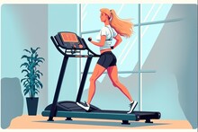 Girl Is Engaged In A Fitness Room With A Treadmill Flat Illustration