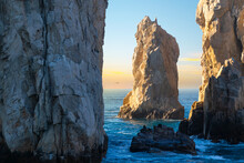 Late Afternoon Sun Hits A Rock Formation Near El Arco Arch At The Land's End Coastal Region At Cabo San Lucas, Mexico, On The Baja Peninsula.