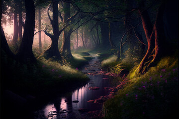 Wall Mural - beautiful and dreamy forest scene generative ai.