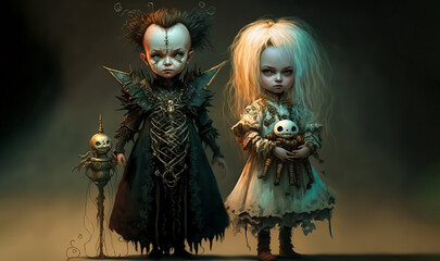 Terrifying horror dolls with skeleton and zombie. halloween concept. Mystical nightmare concept. Beautiful and spooky doll with Blue eyes. generative ai	