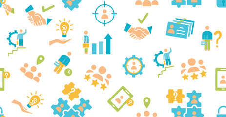 Fototapete - Career growth color seamless pattern. Repeating design element for printing on fabric. Self development and motivation, ambitions, teamwork, colleagues and partners. Cartoon flat vector illustration
