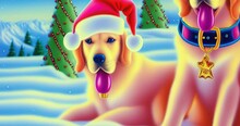 Golden Retrievers With Santa Hats Sitting In Snow Next To Christmas Trees Holiday Illustrated Animation Xmas 