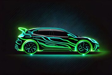 Wall Mural - Modern car with green light trail as speed and energy power on black dark background. Transportation and innovation concept. Generative AI