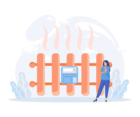 Poster - sustainability illustration. characters monitoring private electricity and central heating meter and