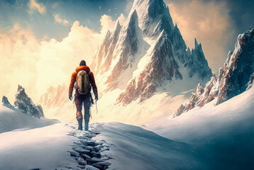 Wall Mural - Hiker in the  snowy mountains - Generative AI