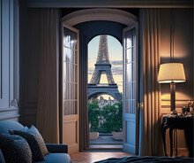 View Of Eiffel Tower From A Luxury Apartment - Generative AI