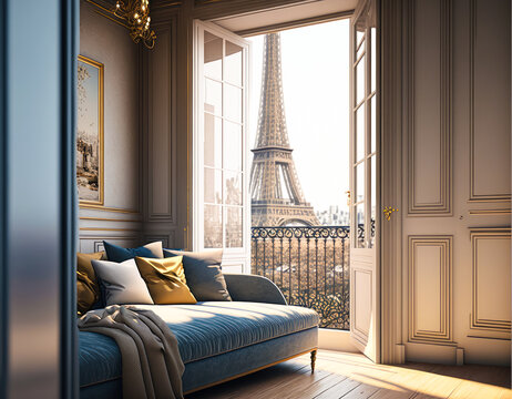 view of eiffel tower from a luxury apartment - generative ai