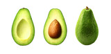 Fototapeta  - Fresh whole, half and sliced avocado isolated on transparent png.
