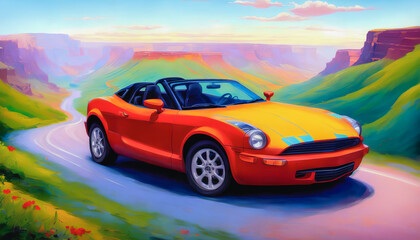 Wall Mural - Colorful, abstract car cruising through a vibrant canyon landscape. Generative AI