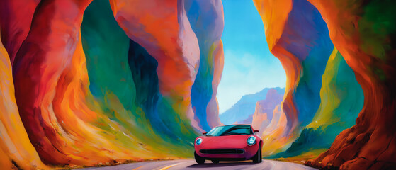 Wall Mural - Colorful, abstract car cruising through a vibrant canyon landscape. Generative AI