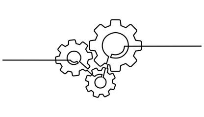 Continuous line drawing of machine gears. concept of gears on a machine in single line style. Engine gear technology concept in doodle style.